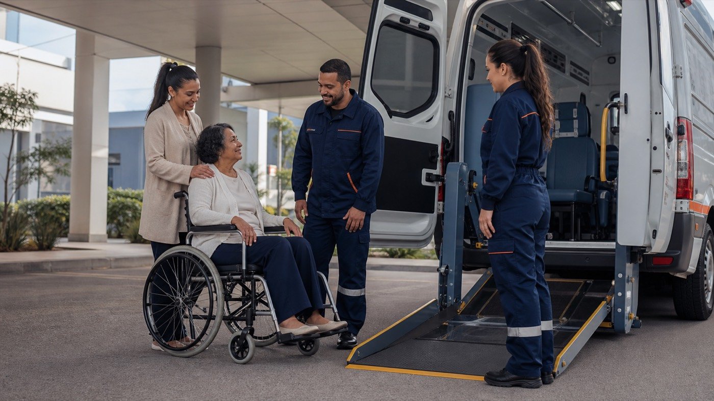 Remoção de paciente com plataforma elevatória e equipe especializada