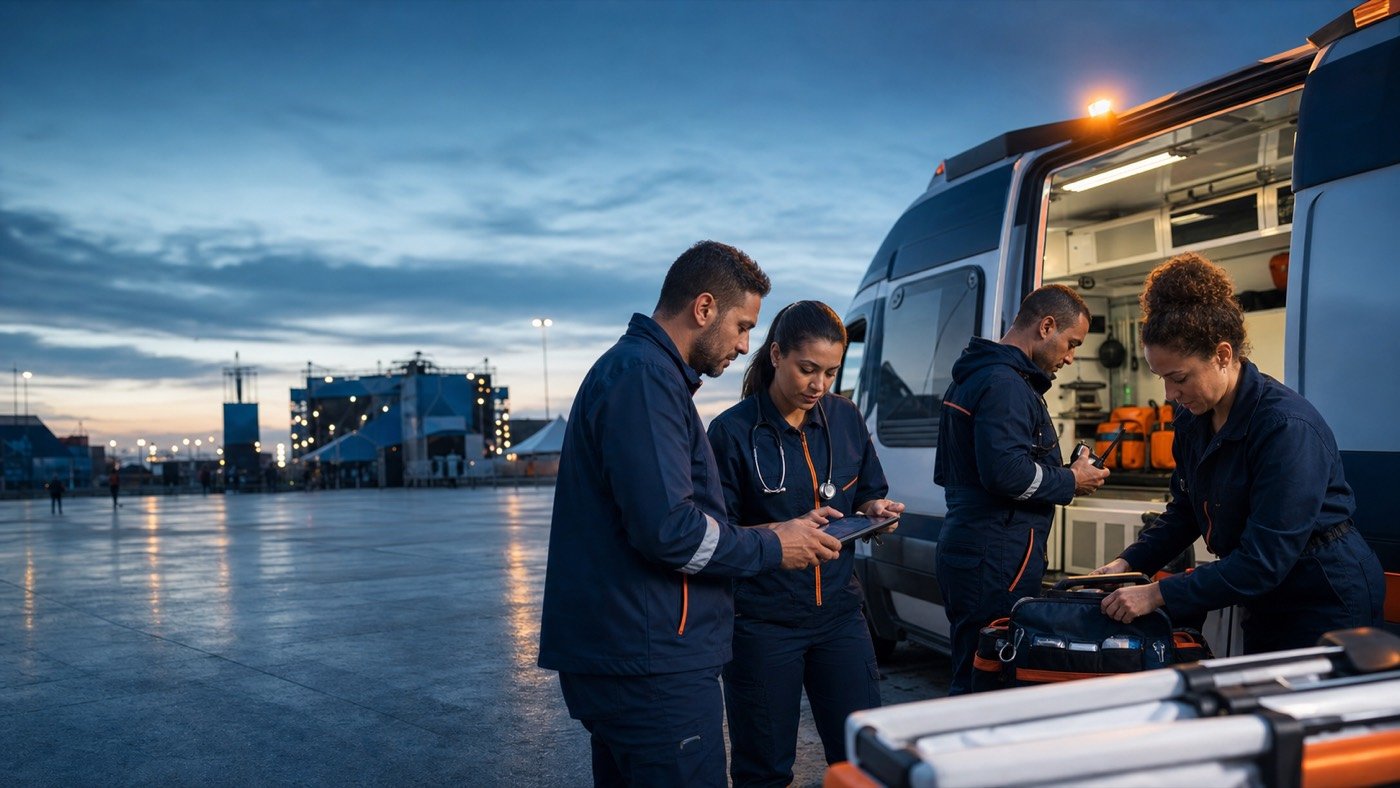 Ambulância posicionada com rota de saída livre, antes da abertura dos portões